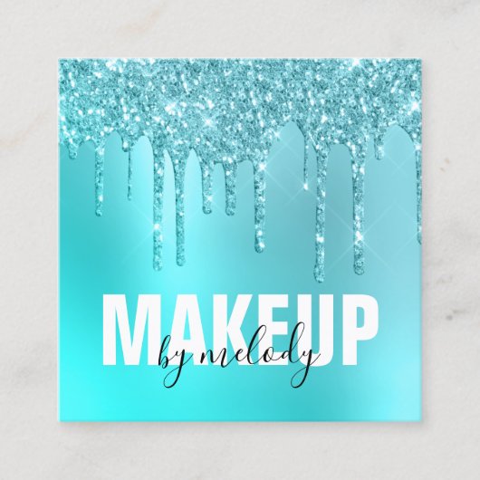 Stijlvolle aqua blue mint glitter druipt make-up k vierkante visitekaartje (Voorkant)