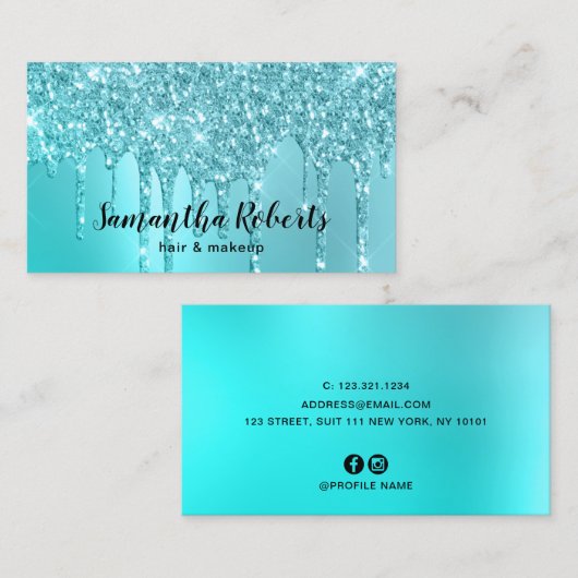 Stijlvolle aqua blue mint glitter druppelt haar en visitekaartje (Voorkant / Achterkant)