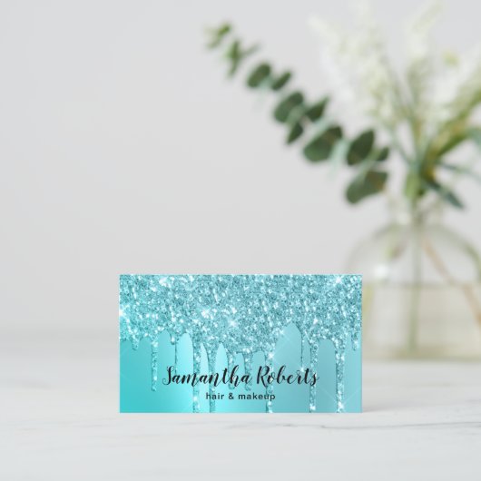 Stijlvolle aqua blue mint glitter druppelt haar en visitekaartje (Staand voorkant)
