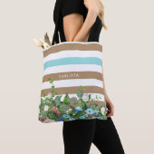 Stijlvolle Aqua en Tan Floral en Stripes met naam Tote Bag (Dichtbij)