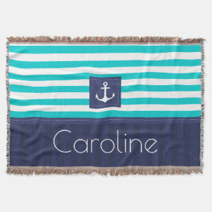 Stijlvolle Aqua Navy Stripes Nautical Anchor Custo Deken