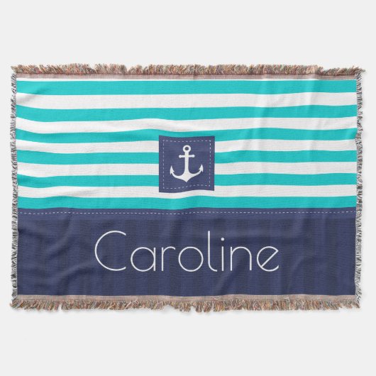 Stijlvolle Aqua Navy Stripes Nautical Anchor Custo Deken (Voorkant)