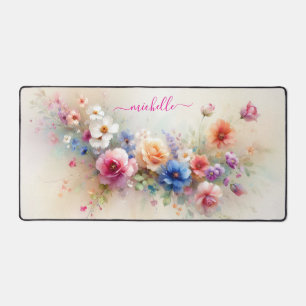 Stijlvolle Aquarel Bloemen Aangepaste Naam Monogra Bureaumat
