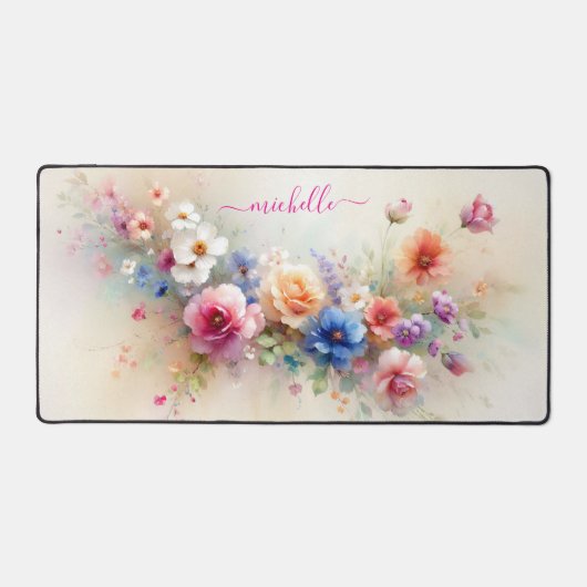Stijlvolle Aquarel Bloemen Aangepaste Naam Monogra Bureaumat (Voorkant)