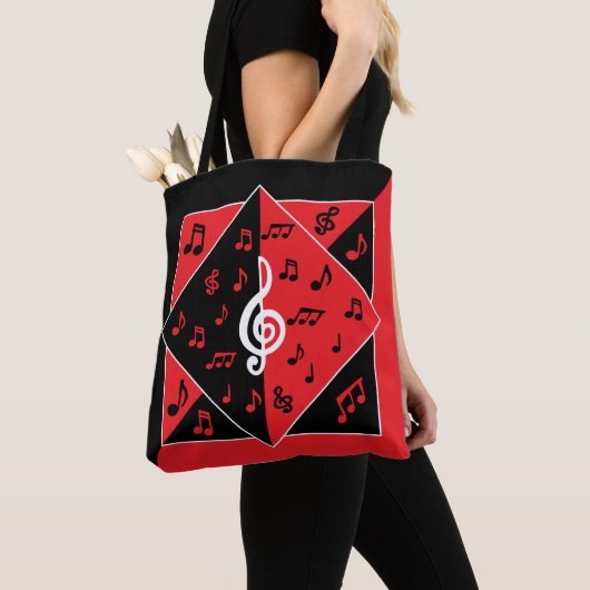 Stijlvolle art Deco-Muzieknoten rood zwart wit Tote Bag (Dichtbij)