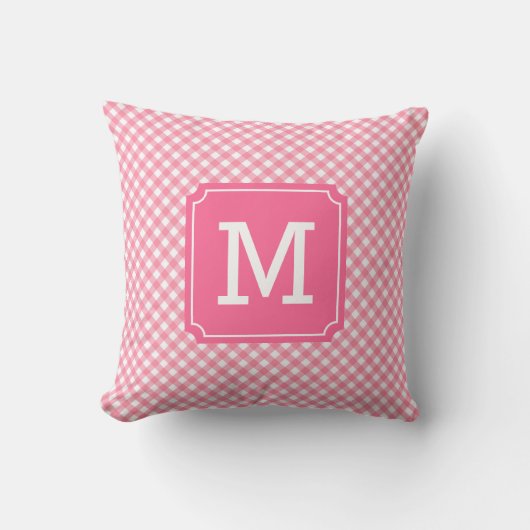 Stijlvolle Baby Pink Gingham naam Monogram Kussen (Voorkant)