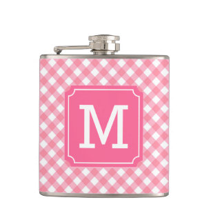 Stijlvolle Baby roze Gingham Monogram personaliser Heupfles