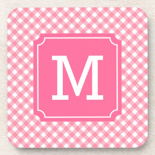Stijlvolle Baby roze Gingham Monogram personaliser Onderzetter