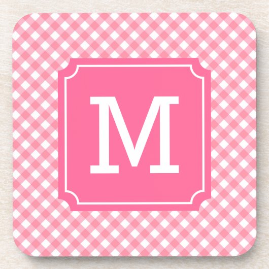 Stijlvolle Baby roze Gingham Monogram personaliser Onderzetter (Voorkant)