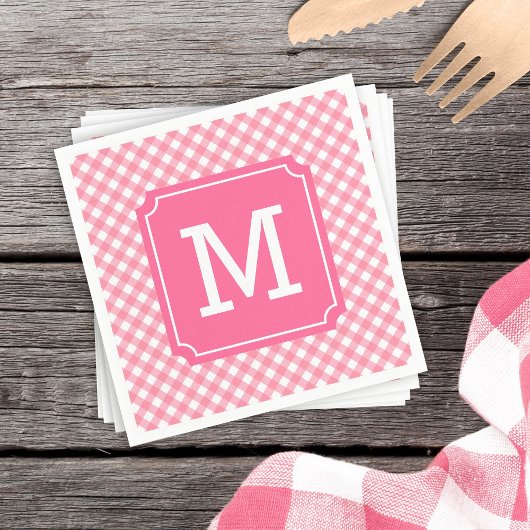 Stijlvolle Baby roze Gingham Monogram personaliser Servet
