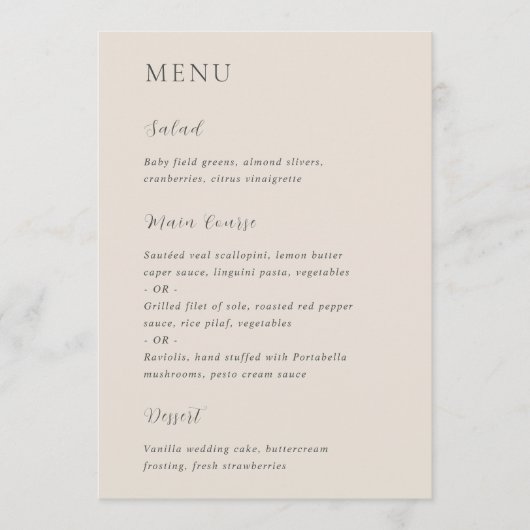 Stijlvolle Beige Moderne Trouwdag Menu (Voorkant)