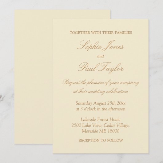 Stijlvolle Beige Script Elegante Crème Trouw Kaart (Voorkant / Achterkant)