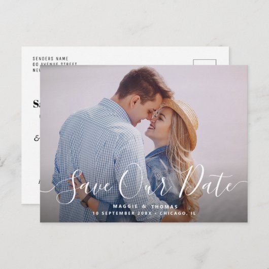 Stijlvolle belettering Save the Date briefkaart (Voorkant / Achterkant)