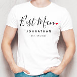 Stijlvolle Best Man Bruiloft T-shirt<br><div class="desc">Het perfecte geschenk voor elke beste man, het leuke en moderne ontwerp beschikt over een stijlvolle typografie script "Best Man" met schattige kleine rode liefde hart full stops. Het ontwerp is gemakkelijk te personaliseren met een naam en een gevestigde trouwdatum en zal de perfecte aandenken van uw speciale dag zijn....</div>