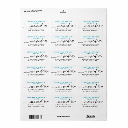 Stijlvolle bewegende turquoise zwarte script kalli etiket (Full Sheet)