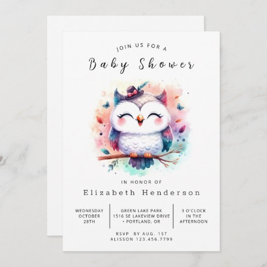 Stijlvolle bewerkbare uil Baby shower Kaart (Voorkant / Achterkant)