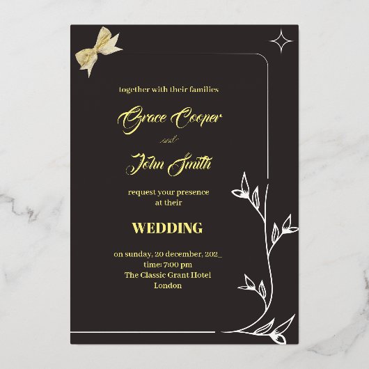 Stijlvolle bijgrens en lintbruiloft folie uitnodiging (Voorkant)