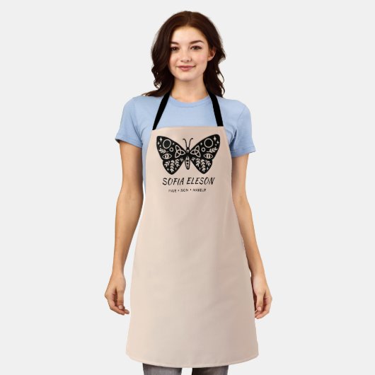 Stijlvolle Black Butterfly Logo Blush Pink medewer Schort (Gedragen)