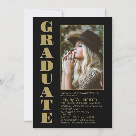 Stijlvolle Black Custom Photo Graduation Party Kaart (Voorkant)