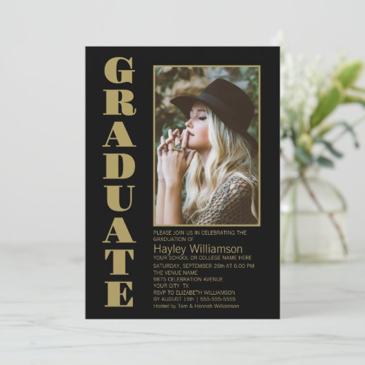 Stijlvolle Black Custom Photo Graduation Party Kaart (Staand voorkant)