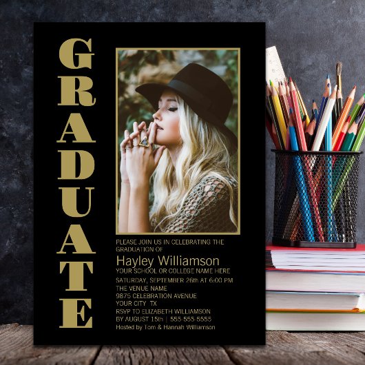 Stijlvolle Black Custom Photo Graduation Party Kaart