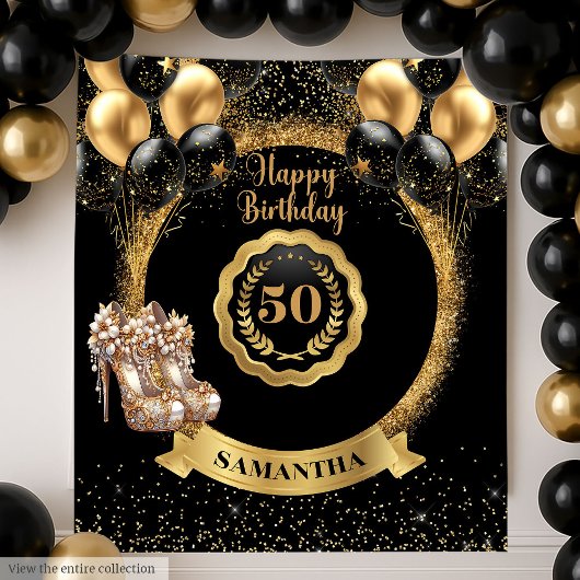 Stijlvolle Black Gold 50e verjaardag banner decor Wandkleed