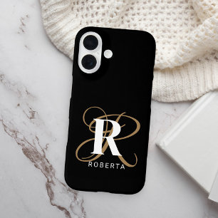 Stijlvolle Black Gold Script Monogram Naam iPhone 16 Hoesje
