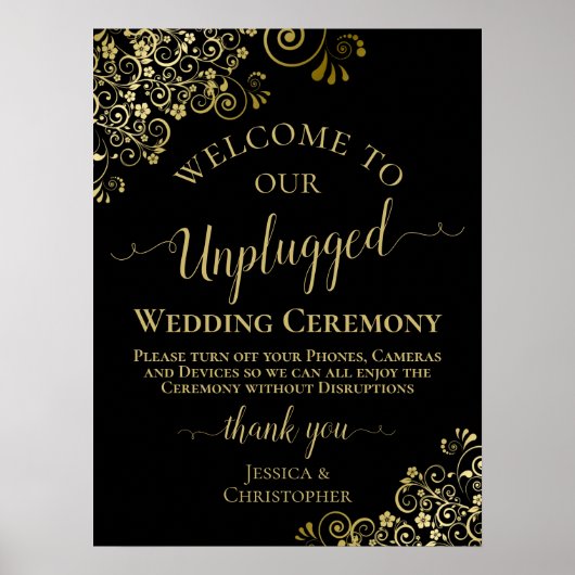 Stijlvolle Black & Gold Unplugged Wedding Ceremony Poster (Voorkant)