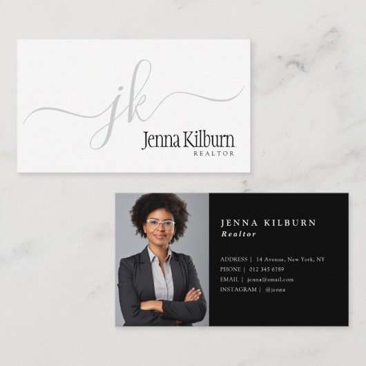 Stijlvolle Black Script Realtor Visitekaartje (Voorkant / Achterkant)