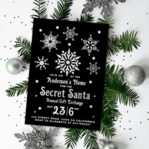 Stijlvolle Black Secret Santa Snowflakes uitnodigi Folie Feestdagenkaart