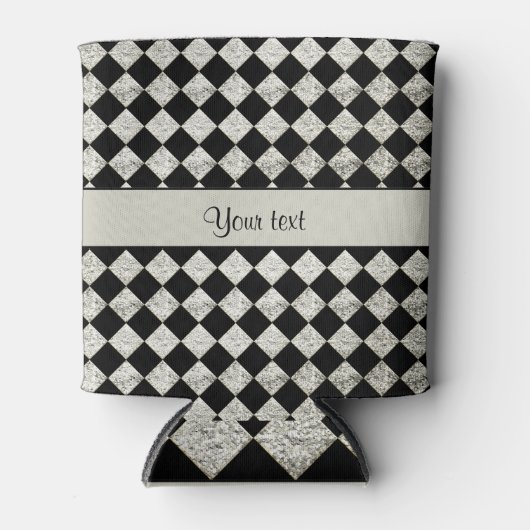 Stijlvolle Black & Silver Glitter Checkers Blikjeskoeler (Voorkant)
