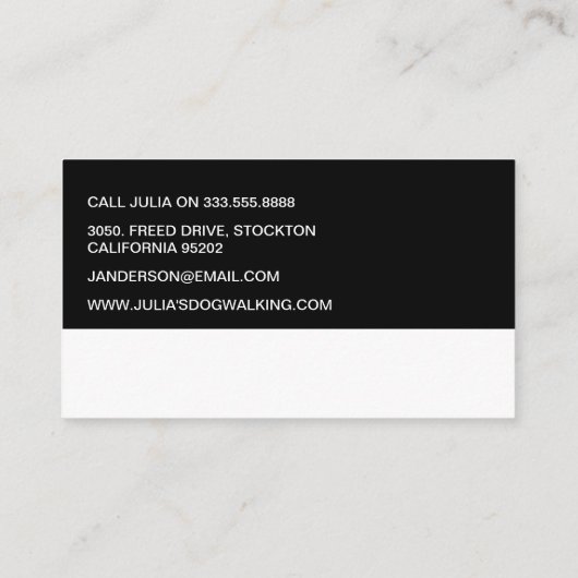 Stijlvolle Black & White Dog Walker Visitekaartje (Achterkant)