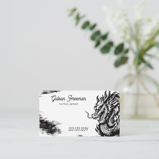 Stijlvolle Black & White Dragon Tattoo Shop Visitekaartje (Staand voorkant)