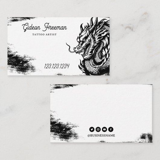 Stijlvolle Black & White Dragon Tattoo Shop Visitekaartje (Voorkant / Achterkant)