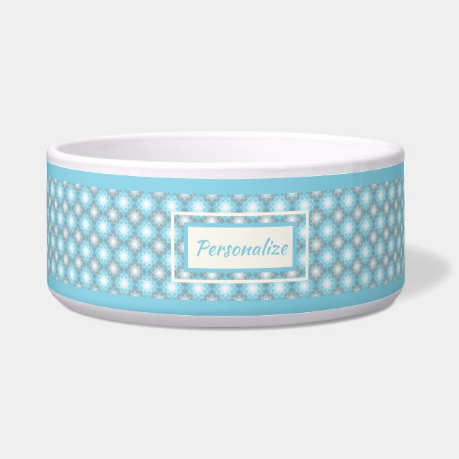 Stijlvolle Blauw Grijs Diamant Patroon Cat Dog Voerbakje (Voorkant)