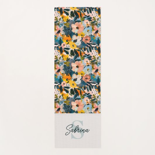 Stijlvolle Blauw & Roze Abstracte Bloemnaam Monogr Yogamat (Voorkant)