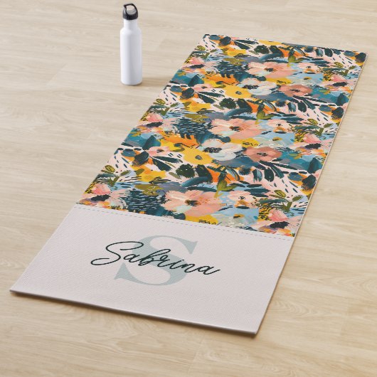 Stijlvolle Blauw & Roze Abstracte Bloemnaam Monogr Yogamat (In situ)