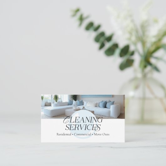 Stijlvolle blauw wit moderne schoonmaakdiensten visitekaartje (Staand voorkant)