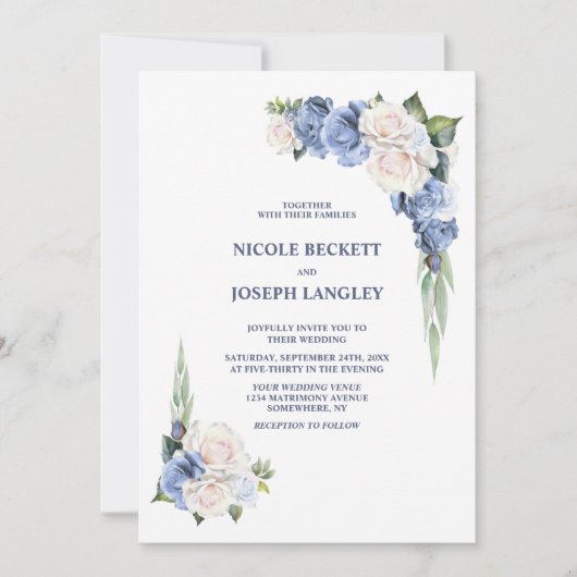 Stijlvolle Blauw Wit Rose Bloemen bruiloft Kaart (Voorkant)