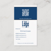 Stijlvolle Blauw Wit Zwart Services QR Code B2B Aanbevelingskaartje (Voorkant)