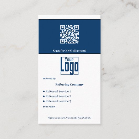 Stijlvolle Blauw Wit Zwart Services QR Code B2B Aanbevelingskaartje (Voorkant)