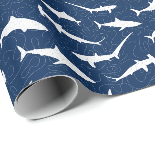 Stijlvolle blauw-witte haaienprint cadeaupapier (Rol Hoek)