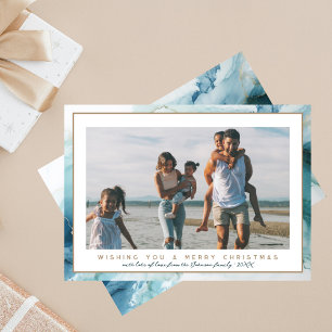Stijlvolle blauwe & beige marmeren kerstfoto feestdagenkaart