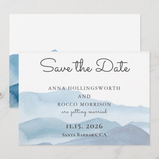 Stijlvolle blauwe bergen Waterverf sparen de datum Save The Date (Voorkant / Achterkant)