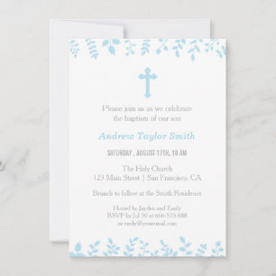 Stijlvolle blauwe bladeren kruis doop uitnodiginge kaart