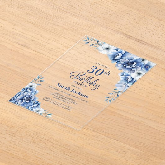 Stijlvolle Blauwe Bloemen 30ste Verjaardagsfeest Acryl Uitnodigingen (Laagn)