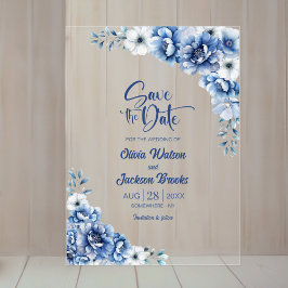 Stijlvolle Blauwe Bloemen Trouwen Save the Date Acryl Uitnodigingen