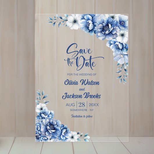 Stijlvolle Blauwe Bloemen Trouwen Save the Date Acryl Uitnodigingen