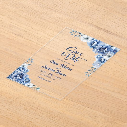 Stijlvolle Blauwe Bloemen Trouwen Save the Date Acryl Uitnodigingen (Laagn)