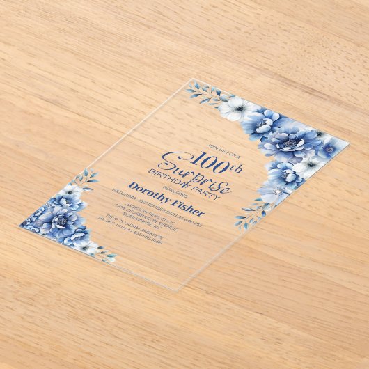 Stijlvolle Blauwe Bloemen Verrassing 100ste Verjaa Acryl Uitnodigingen (Laagn)